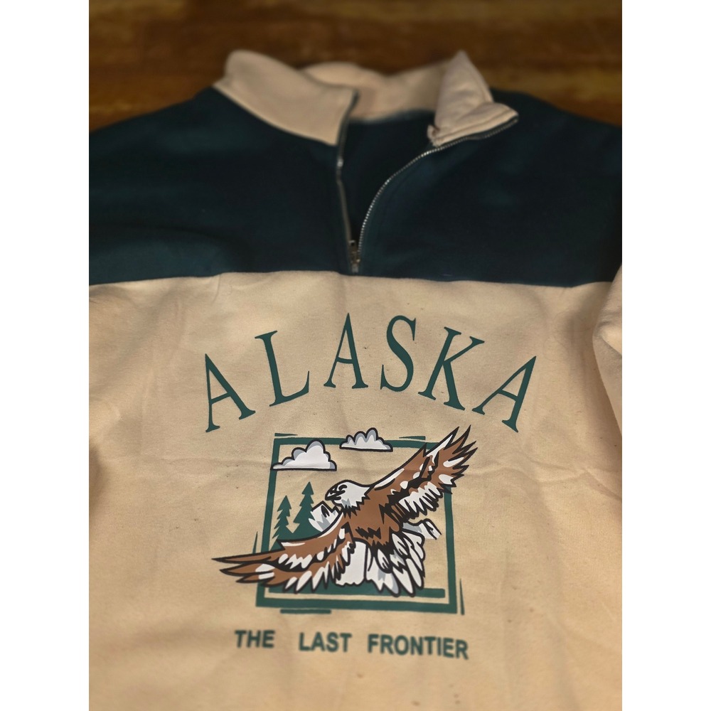 Zaful Alaska The Last Frontier Eagle Quarter Zip Sweatshirt Cream Green XL NEW